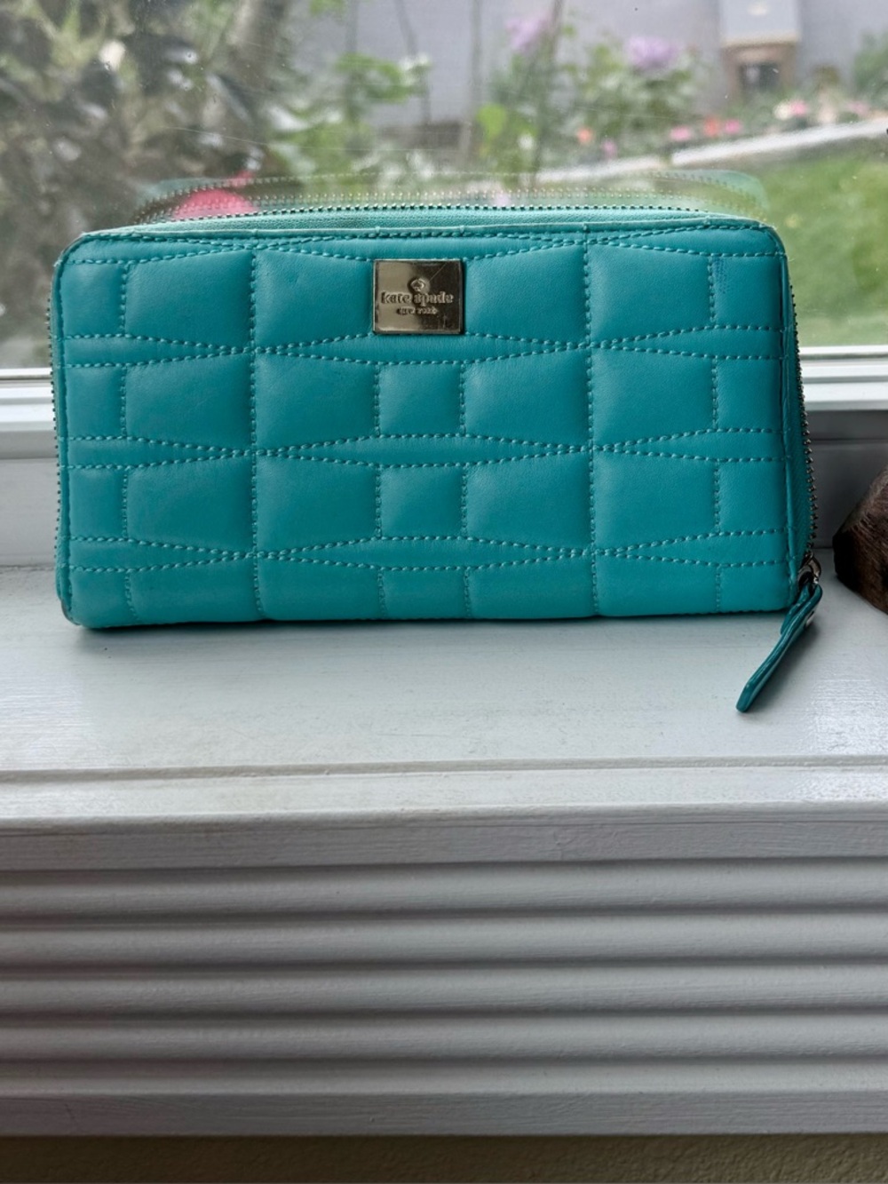kate spade Teal Quilted Zip Wallet with Logo Plaque - Picture 2 of 13